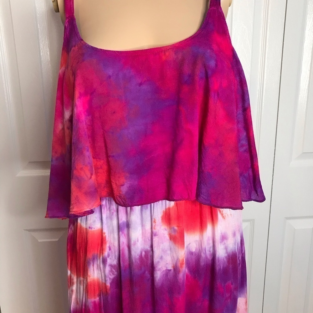 Tie dye maxi dress galaxy tank tiered flounce L spaghetti straps sundress - Picture 7 of 10